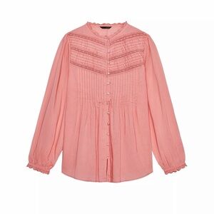 Zara Coral-Pink Lace Yoke Button-Up Blouse